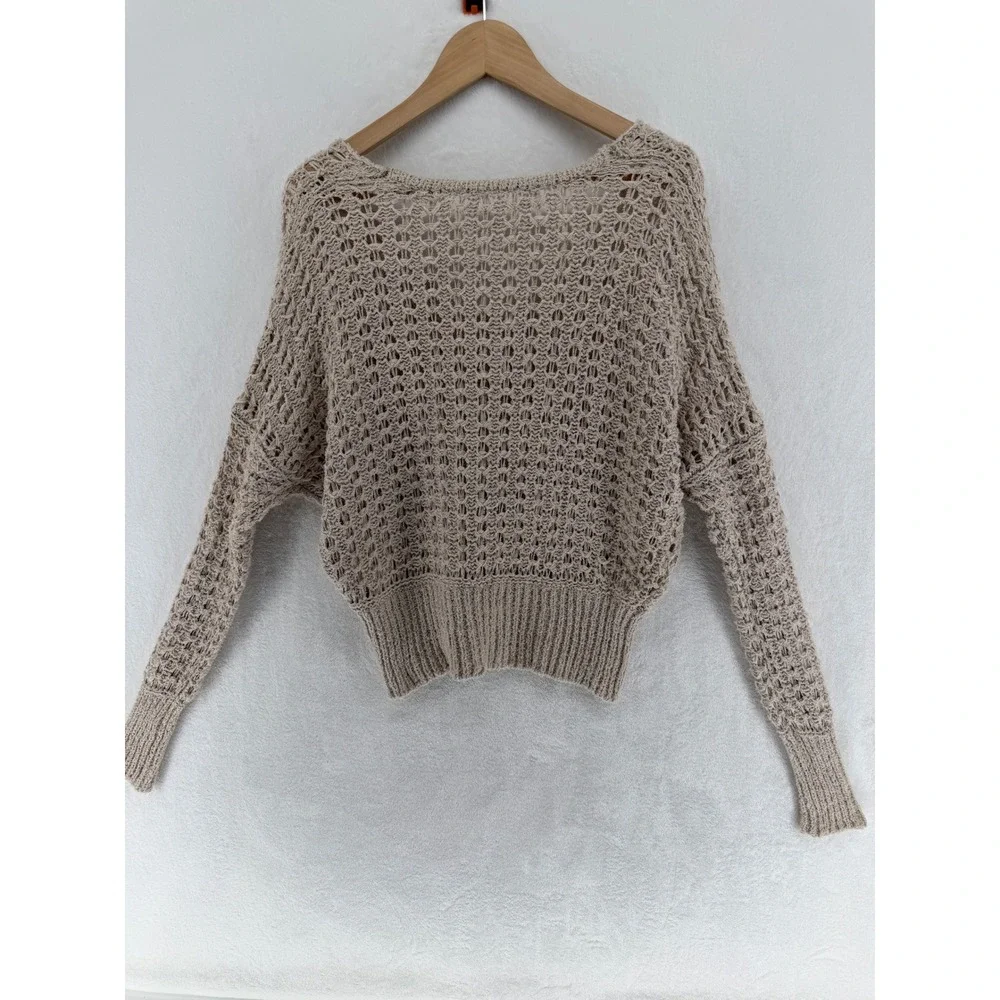 Free People Tan Open Knit V-Neck Batwing Sweater Beige XS